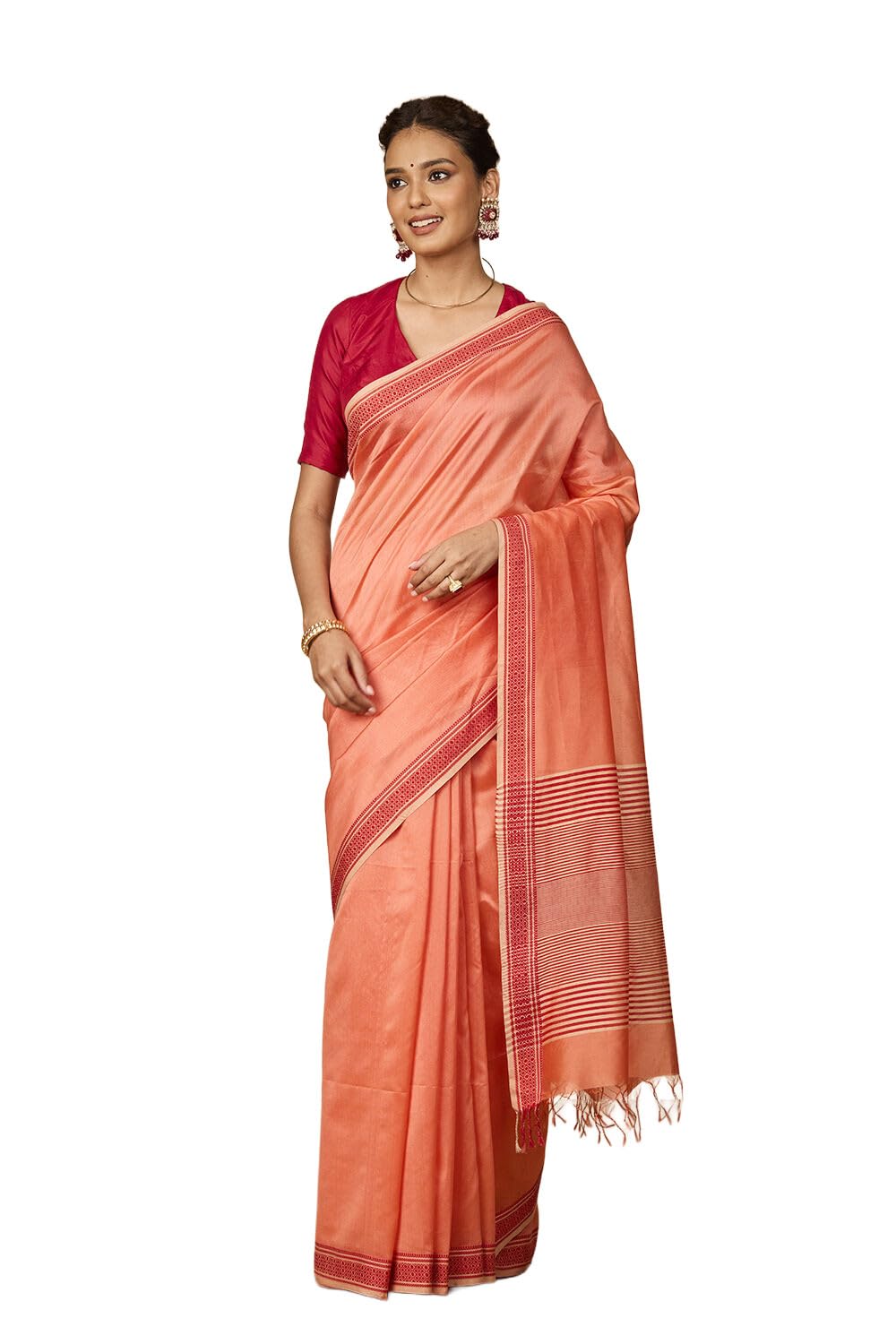 taneira Women Orange Woven Pure Silk Cotton Maheshwari Saree with Unstitched Blouse Piece (SAPH03AA7696-Orange)-picture-0