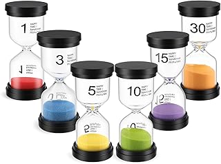 Relógio de areia para crianças, conjunto de 6 temporizadores 1/3/5/10/15/30 minutos em cores sortidas, relógio de areia educativo para jogos, estudo e escova de dentes