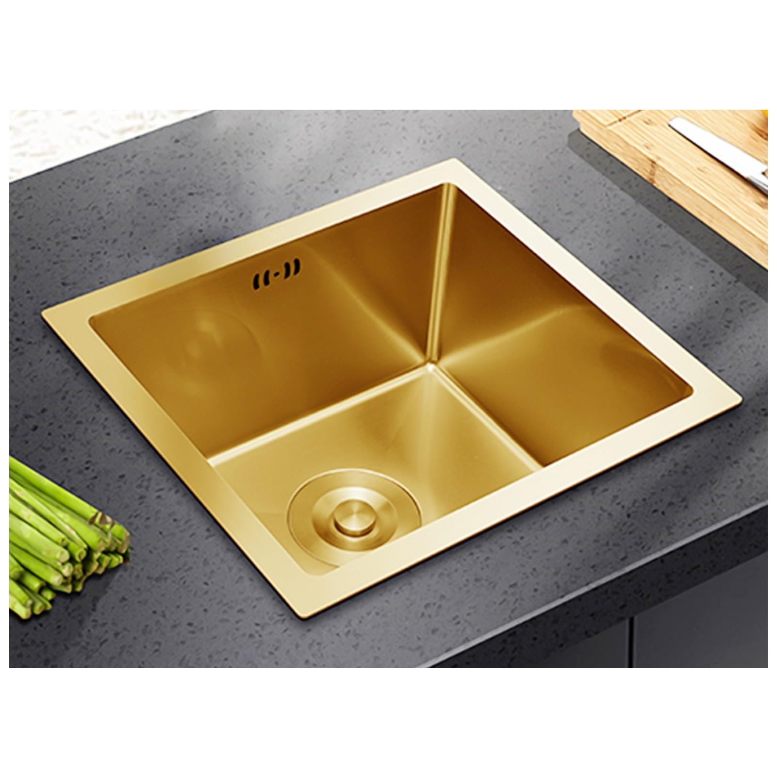 WIQUYBML Mini Gold Kitchen Bar Sink With Drain Pipe, Essential Sink, Stainless Steel Wet Prep Square RV Utility Single Bowl Workstation For Drop In(45x45x21cm)