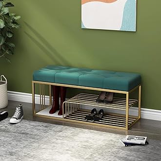 Metal End of Bed Bench-Upholstered Entry Shoe Storage with Nailhead Trim,Black Mental Frame Ottoman Bench for Bedroom Entry Window Mudroom Living Room (Green)