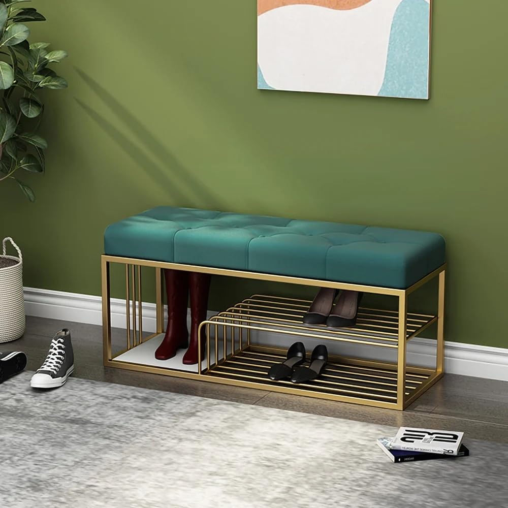 Dence Store Metal End of Bed Bench-Upholstered Entry Shoe Storage with Nailhead Trim,Black Mental Frame Ottoman Bench for Bedroom Entry Window Mudroom Living Room (Green)