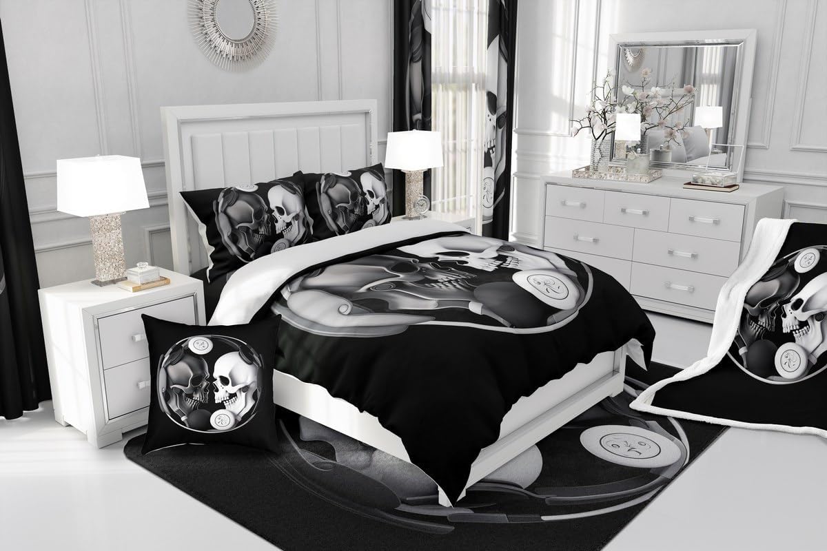 Erosebridal Sugar Skull Comforter Cover Yin and Yang Duvet Cover Set Black White Gothic Skull Bedding Sets for Kids Teen Boys Headphone Skeleton Bones Bedspreads Cover with 2 Pillow Cases Full Size