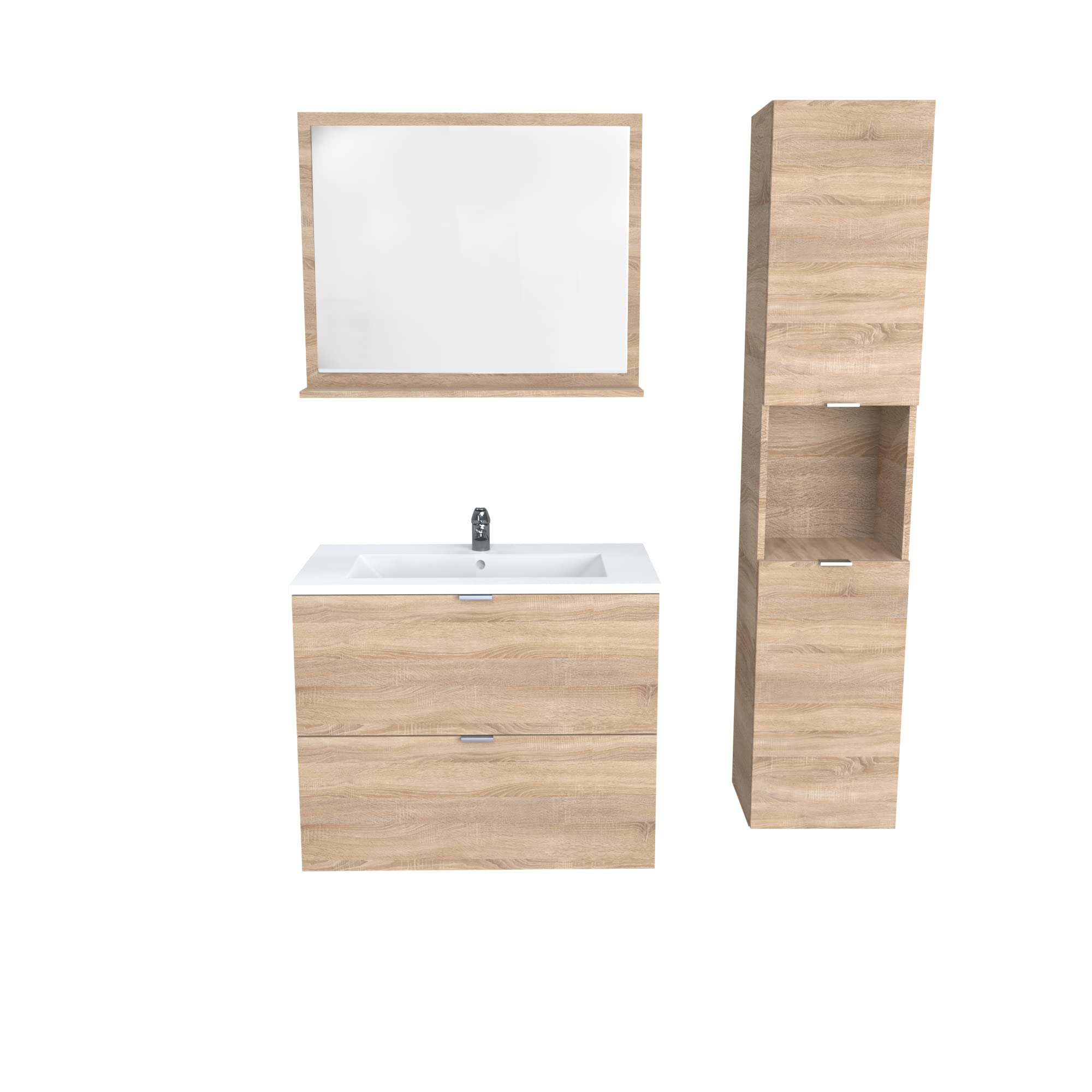 Meuble sous vasque MALAGA 80 cm + vasque + miroir + colonne / Chêne blanchi