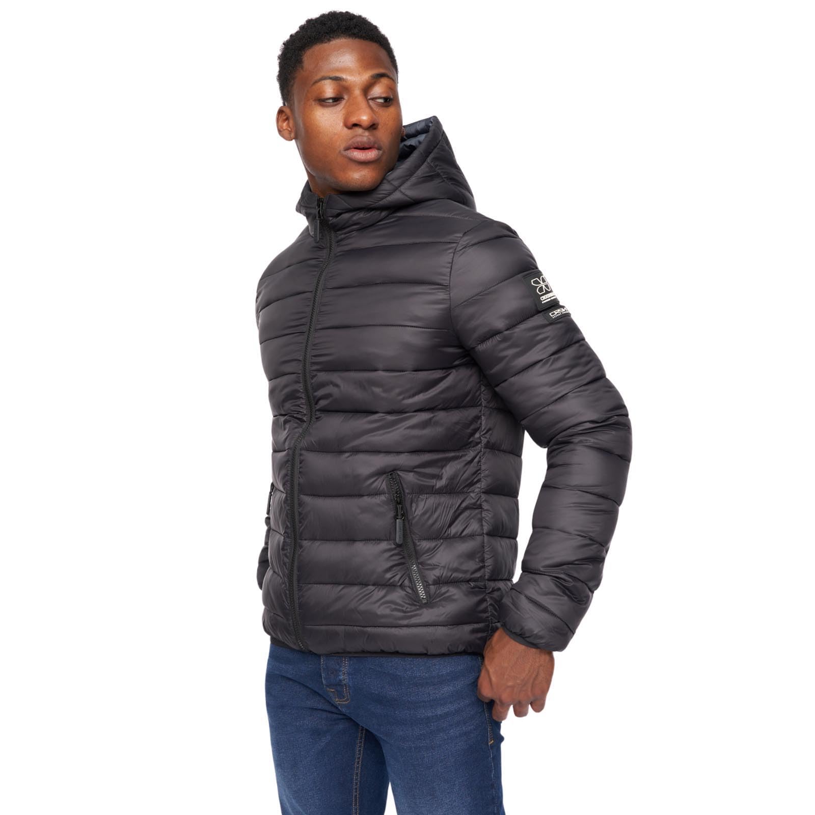 Crosshatch Men's Padded Quilted Puffer Shower Resistant Jacket with Zip Pockets Hood and Pockets Winter Coat by JEANBASE Black XXL