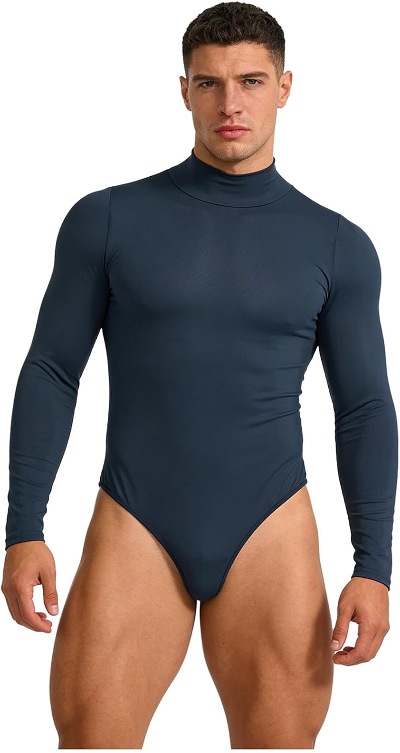 Mufeng Mens Buttoned Crotch Bodysuit Mock Neck Long Sleeve Leotard Jumpsuit for Yoga Dance Club