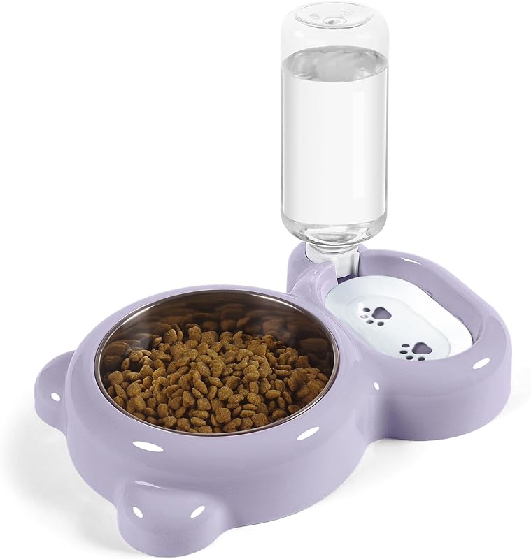 Comedouro e Bebedouro para Gatos e Cães Pequenos com Dispenser de Água e Tigela de Aço Inoxidável Azwraith Roxo