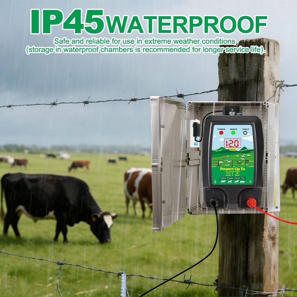10KM Pastor Electrico, Cerca Eléctrica para Animales con Pantalla LCD, Pastor Electrico para Caballos, Ovejas, Ganado, Aves, Pastor, Protección Ideal para Pastos, Granjas y aves de Corral
