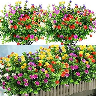 12 Bundles Artificial Flowers for Decoration, 6 Colors UV Resistant Fake Flowers Bouquet Outdoor Indoor, Plastic Shrubs Plants for Hanging Home Garden Porch Window Wedding Party DecorMulticolor