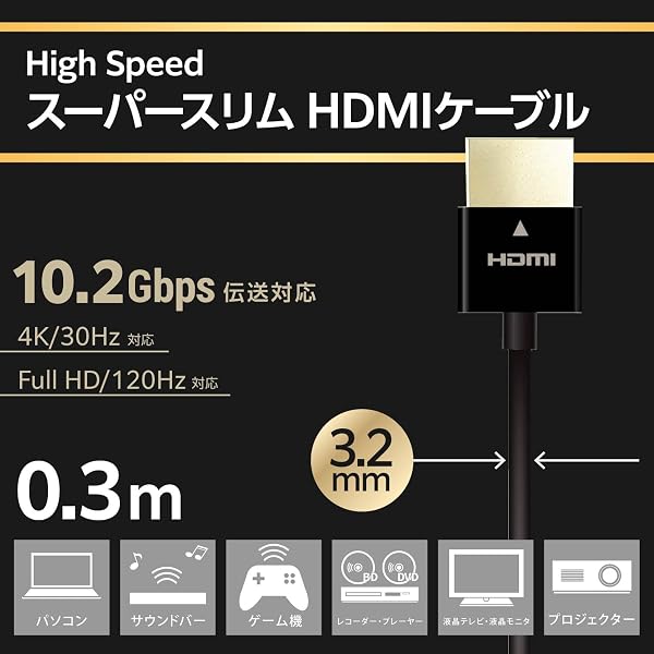 エレコム HDMI ケーブル 極細 ハイスピード 30cm スーパースリム 4K・2K(30Hz) 【HIGH SPEED with ETHERNET認証済み】 3重シールド 金メッキ ARC テレビ・パソコン・ゲーム機など対応 黒 ECDH-HD1 - 1