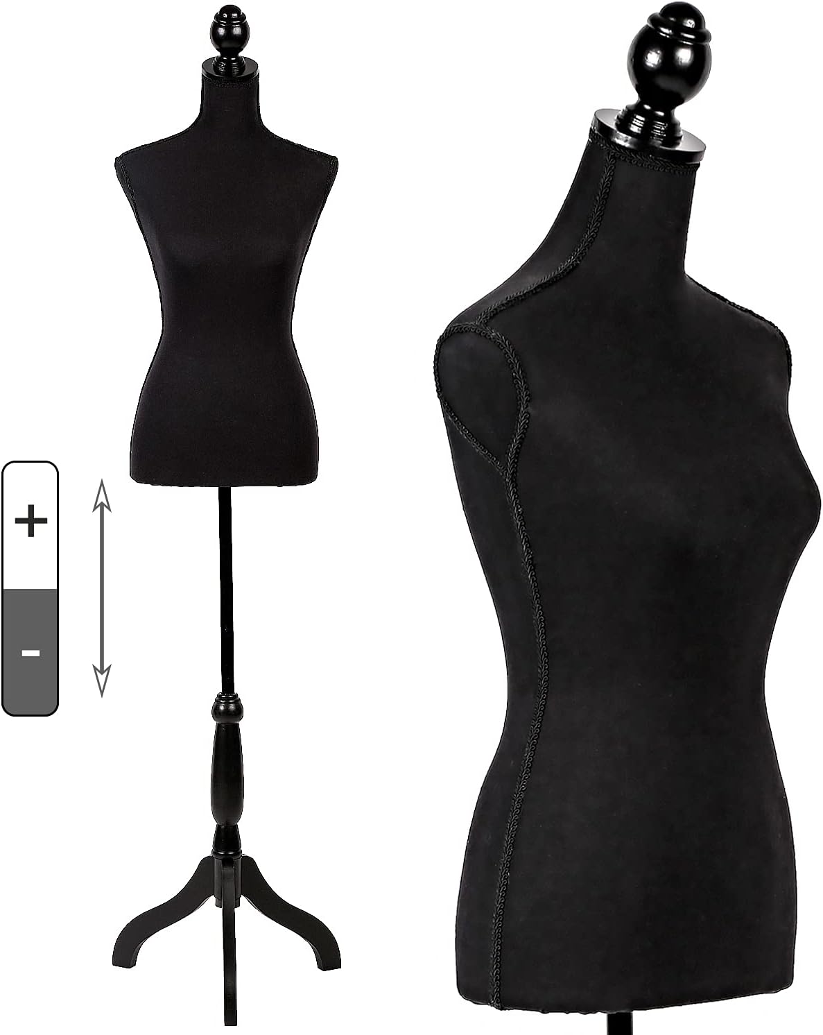 HCY Mannequin Torso Mannequin Stand Dress Form 60-67 Height Adjustable Maniquins Body Female, Displays Women for Sewing Wooden Tripod Base, Foam Body(Black) 15.75 x 25.6 x 67