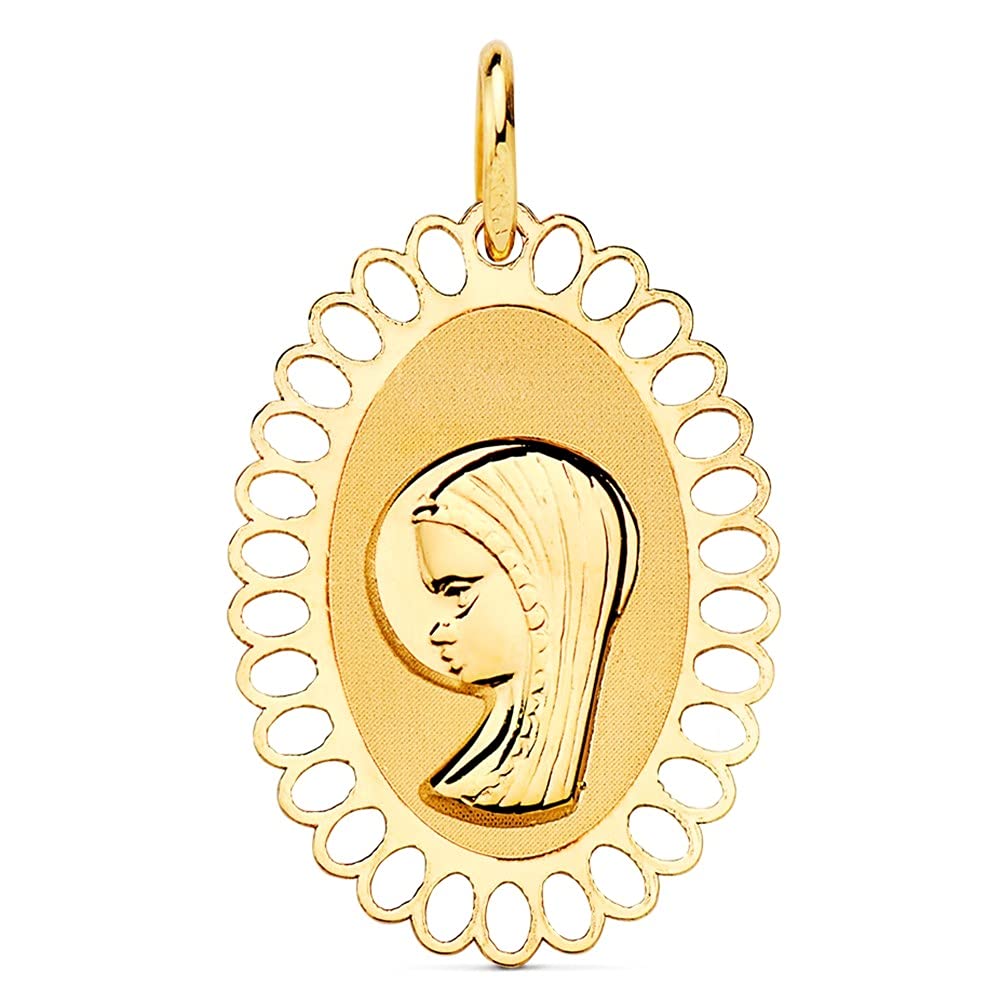 Medalla oro 18k Virgen Niña 21mm. lisa ovalada detalle cerco calado - Personalizable - GRABACIÓN INCLUIDA EN EL PRECIO