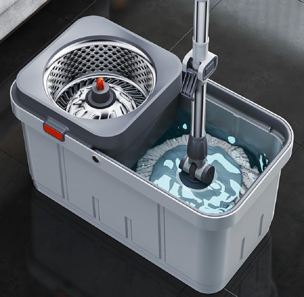 Spin Mop Lavapavimenti con Sistema di Strizzatura Manuale Attivabile Attraverso Il Manico, Set per La Pulizia dei Pavimenti con Secchio E Cestello in Acciaio Inox, Panno 100% Microfibra