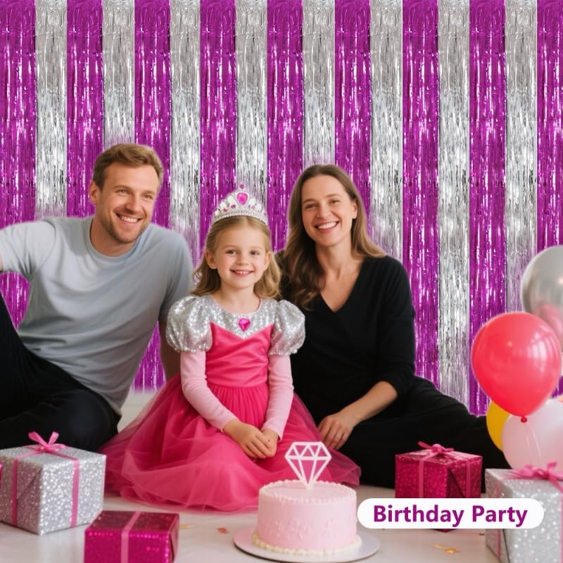 Image of BEISHIDA Hot Pink Silver Door Streamers Backdrop Foil Fringe Tinsel Party Streamers Curtains Photo Backdrop - 2Pcs for Girl Birthday Valentines Graduation Bachelorette Party Decoations