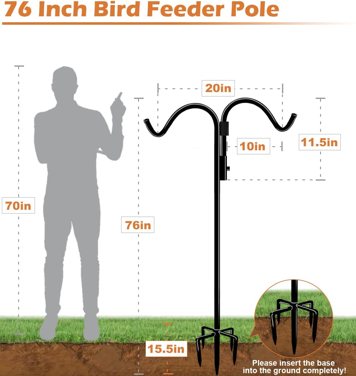 76 Inch Double Shepherds Hook for Outdoor with 5 Prong Base, Adjustable Heavy Duty Bird Feeder Pole for Hanging Flower Basket, Plant Hanger, Solar Light Lanterns, Black