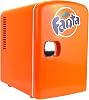 Coca-Cola Fanta 4L Mini Fridge, 6 Can Portable CoolerWarmer, Compact Personal Travel Fridge for Snacks Lunch Drinks Cosmetics, 12V and AC Cords, Desk Accessory for Home Office Dorm Travel, Orange [Energy Class A]