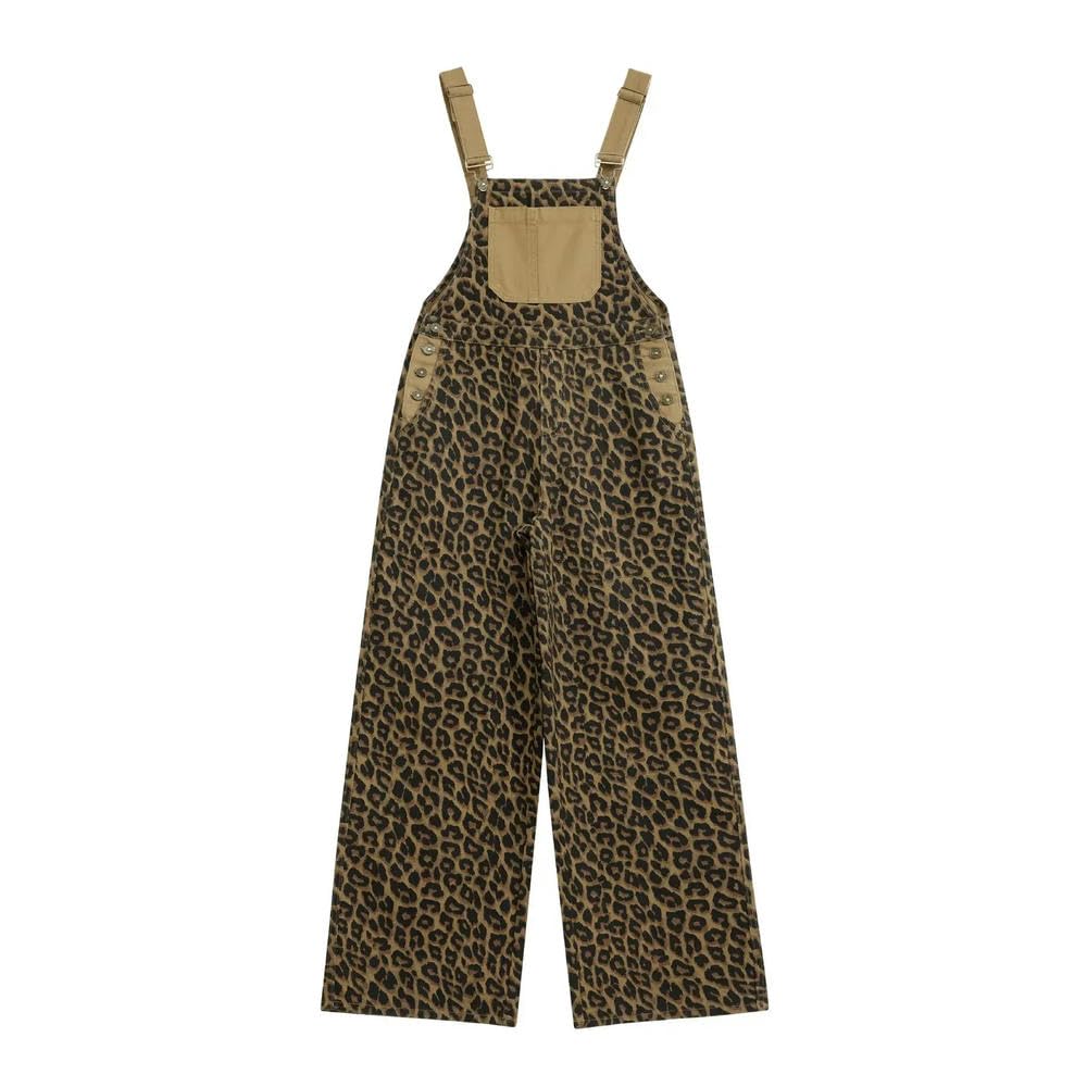 JJDFW Wiosna i Jesień Moda Leopard Print Design Denim Kombinezony Damskie Luźne Casual Szelki Do Podłogi Z Wysokim Stanem