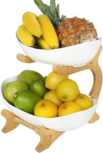 Cesta de frutas de 2 niveles, frutero de cerámica para encimera de cocina, cesta de frutas para cocina, Fruteros para Cocina, grande blanco