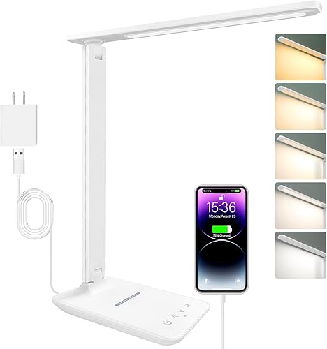 White crown Lámpara de escritorio LED con cargador inalámbrico de 15 W y puerto USB, lámpara de mesa regulable con 5 modos de iluminación, control