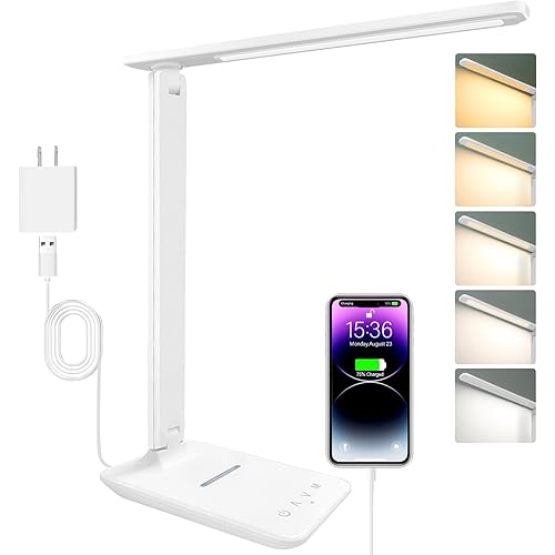 White crown LED Desk Lamp Dimmable Table Lamp Reading Lamp with USB Charging Port, 5 Lighting Modes, Sensitive Control, 30/60 Minutes Timer (White pro)