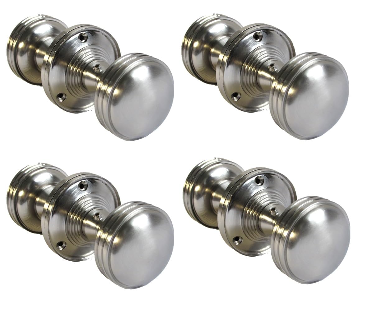 Epsom Door Handle Satin Nickel Round Door Knob Set Tubular Latch Heavy Reeded Sprung Door Knobs for Internal External Doors Compatible with Mortice Locks Tubular Latches (4 Pair of Handles)