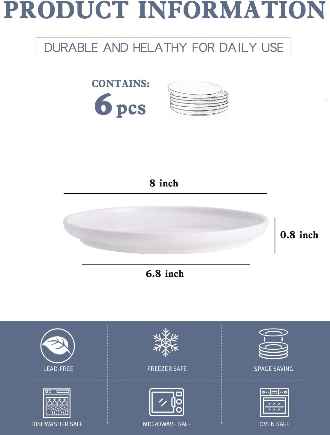 Kanwone Porcelain Dessert Salad Plates - 8 Inch - Set of 6, White, Microwave and Dishwasher Safe Plates, White Dishes, Morden Plates