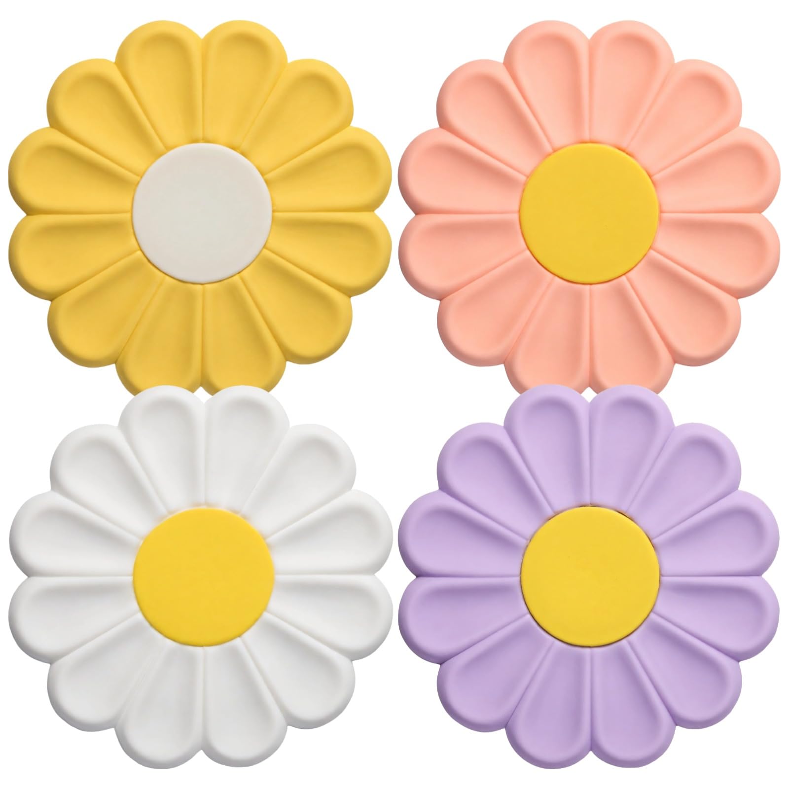 Lot de 4 Dessous de Plat en Silicone, Support pour Plats Chauds, Motif Fleur Marguerite Blanc, Jaune, Rose, Violet, Patins antidérapants lavables pour Bols, Tasses, casseroles et poêles