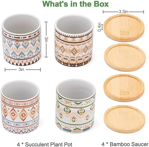 Miniatura 5 de Homaisson 4 macetas para suculentas con platillos, maceta de cerámica bohemia para suculentas, maceta pequeña con orificio de drenaje, macetas de