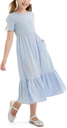 PATPAT Girls Maxi Dress Boho Short Sleeve Long Dresses Casual Sundress with Pockets 5-14 Years