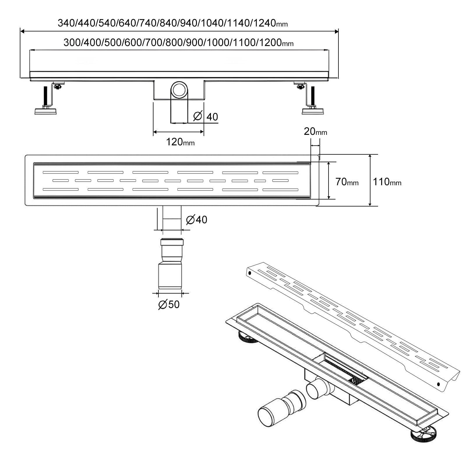 SaniteModar Caniveau Douche Italienne 80 cm, Panneau de Ligne, avec Siphon et Filtre