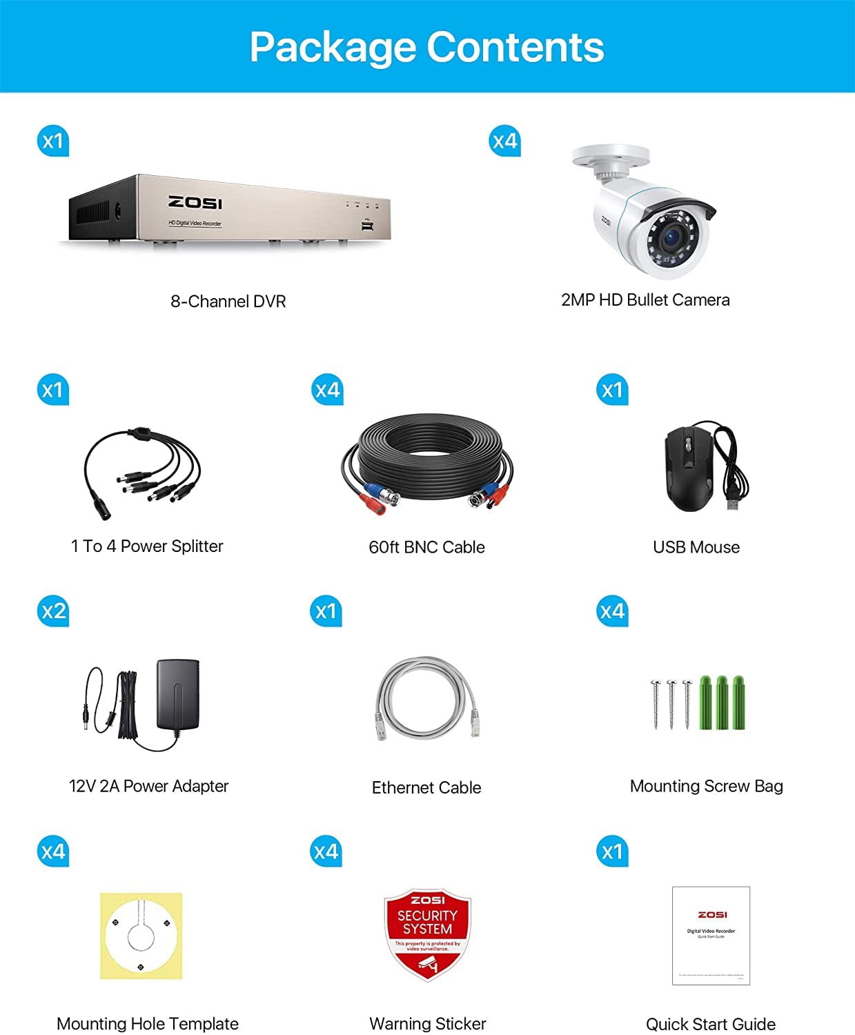 ZOSI 1080P Kit Videovigilancia 8CH H.265+ Grabador DVR + (4) Cámara de Vigilancia Exterior, 20m Visión Nocturna, P2P, Alarma de Movimiento, Sin Disco Duro