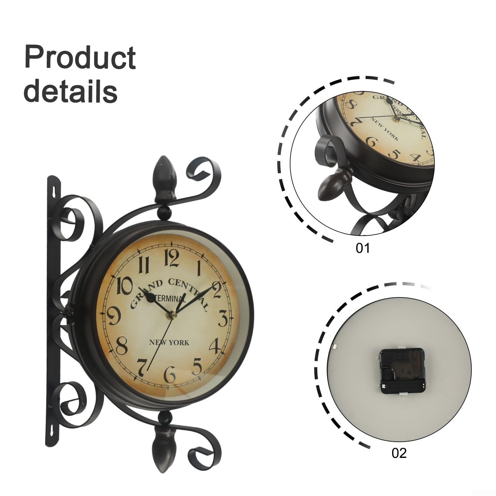 BlissfulAbode Doppelseitige Wanduhr Eisen Bahnhof Stil Antik Rund 8 Zoll Quarz Stille Uhr Mit Großen Zahlen Für Wohnzimmer Flur Veranda Retro, Vintage Wanduhr, Doppelseitige Uhr