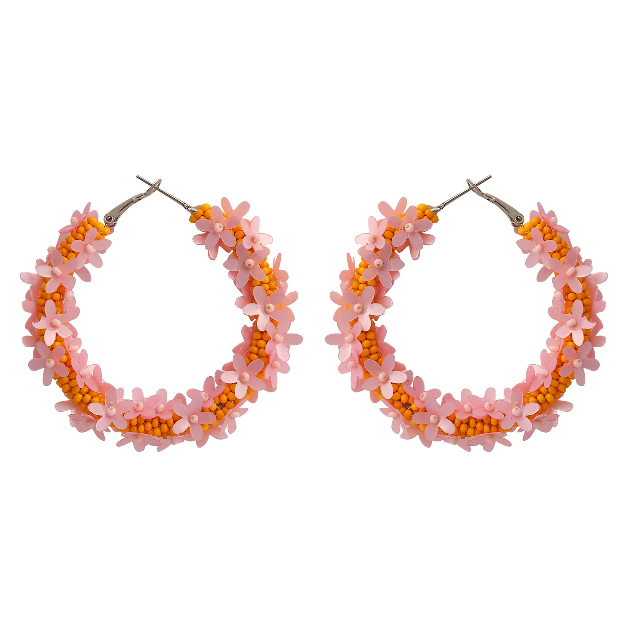 Beaded Hoop Earrings Beaded Boho Beach Style Seed Bead Hoops Handmade Jewelry (Orange and Pink) Bohemian Earrings Hoops Seed Bead Hoop Earrings For Women