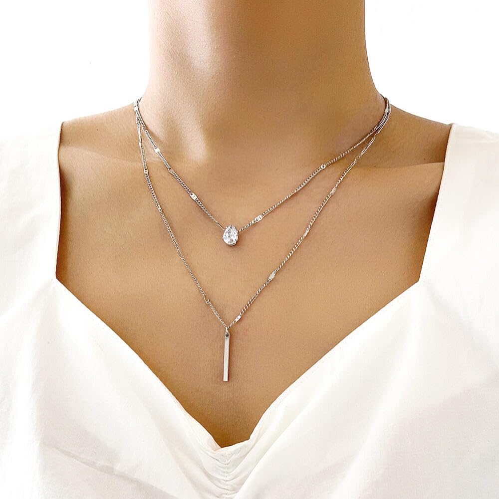 GoodernGoodern Dainty Teardrop Double Layered Necklace,Trendy Adjustable Alloy Layering Chokers Necklaces,Multilayer Precious Stylish Chain Pendant Birthday Christmas Jewelry Gift for Women Girls-Silver