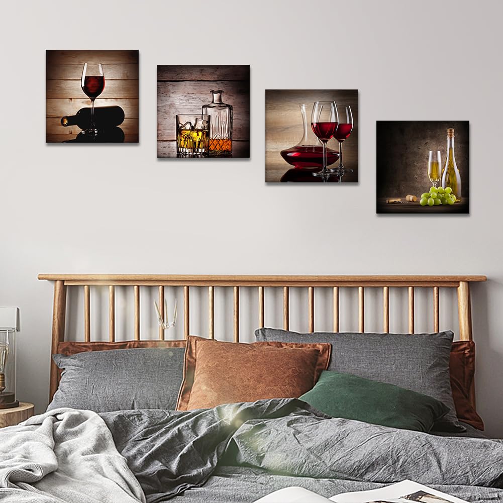 Artscope 4 parti Stampa su tela - Bicchiere da vino rosso, decorazione da parete per camera da letto, dipinti ad olio per casa, bagno, soggiorno, 30 x 30