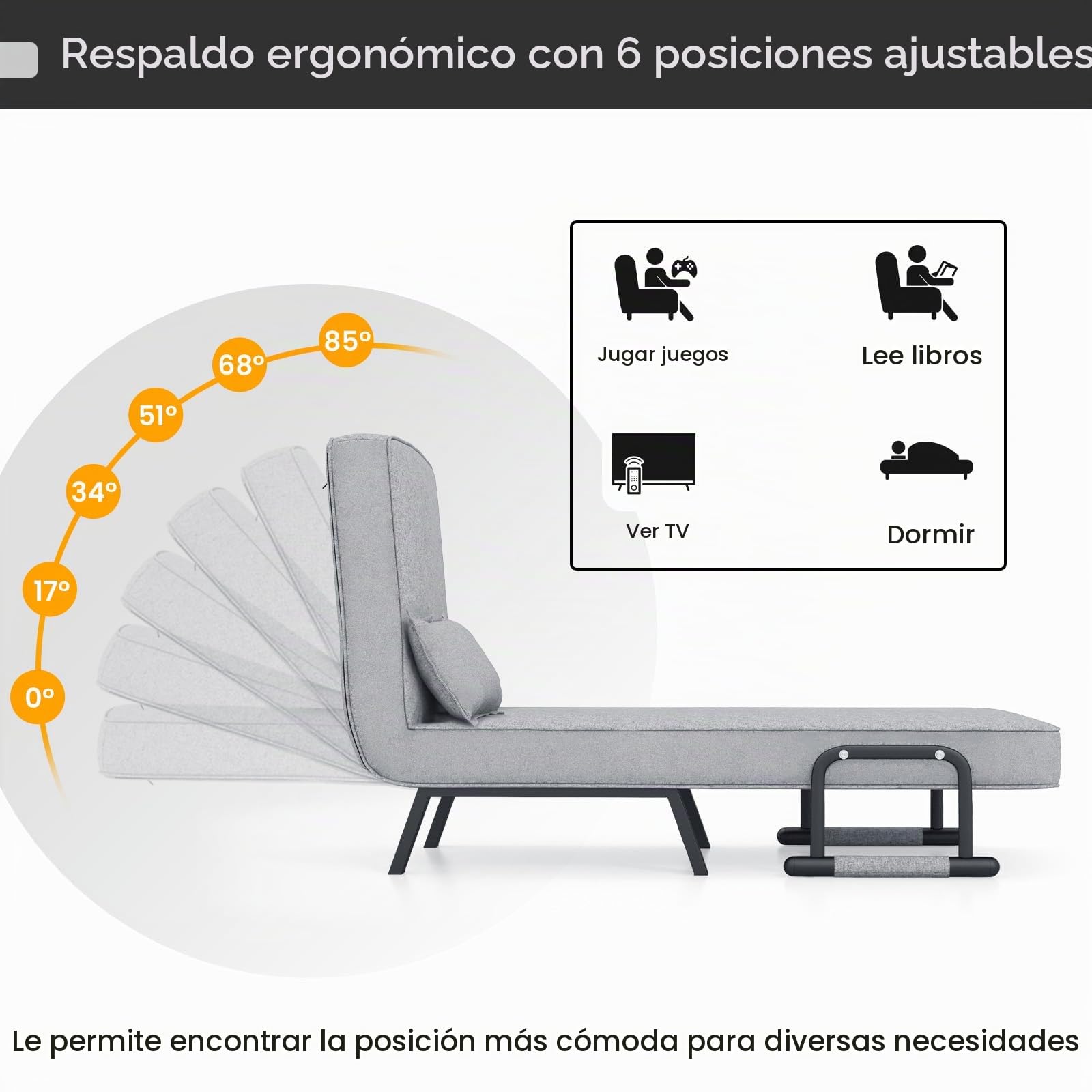 HOMASIS Sofá Cama 4 en 1 con función de Cama, sofá Cama Plegable con reposabrazos, sillón Plegable con Respaldo Ajustable y cojín extraíble, sillón Cama para casa, Oficina, hasta 150kg (Gris Claro)