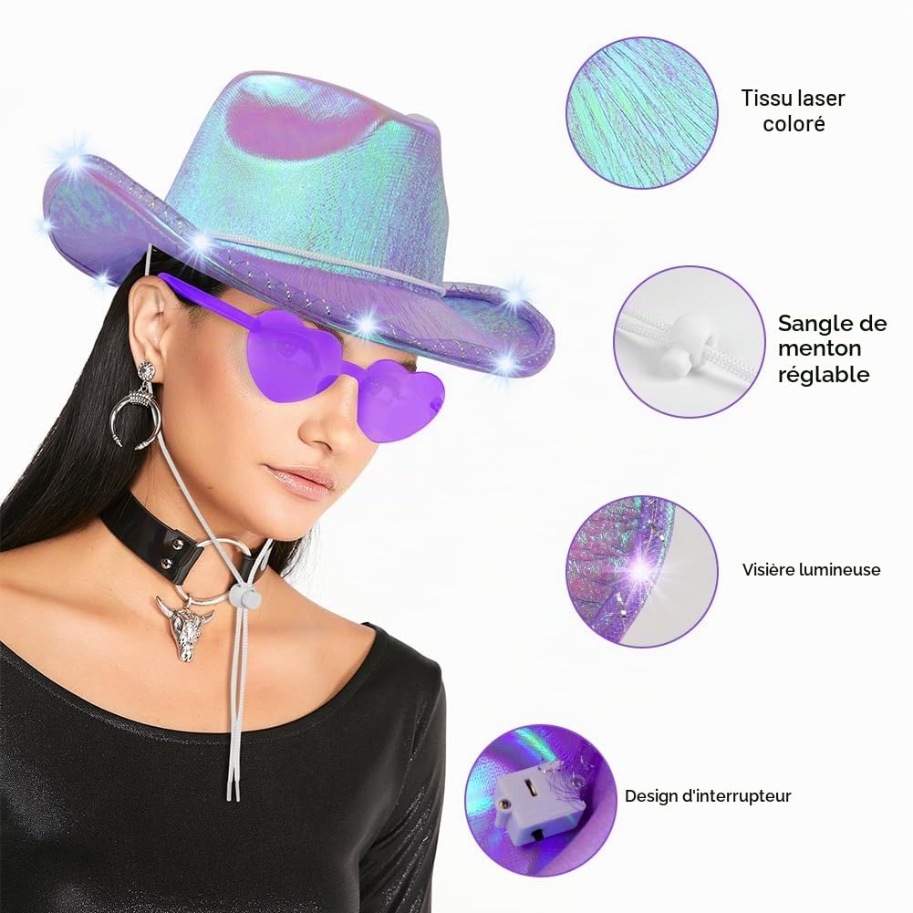 Aomig Chapeau de Cowboy Western Lumineux avec Bord LED Clignotant- Déguisement pour Adultes avec Lunettes de Soleil et Bandana - Accessoires de Costume pour Halloween et Carnaval