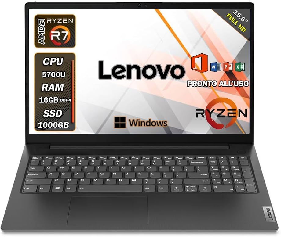Notebook lenovo ryzen 7 5700u 8 core pc portatile 16gb ram ssd 1 tb display 15.6 Len-R7