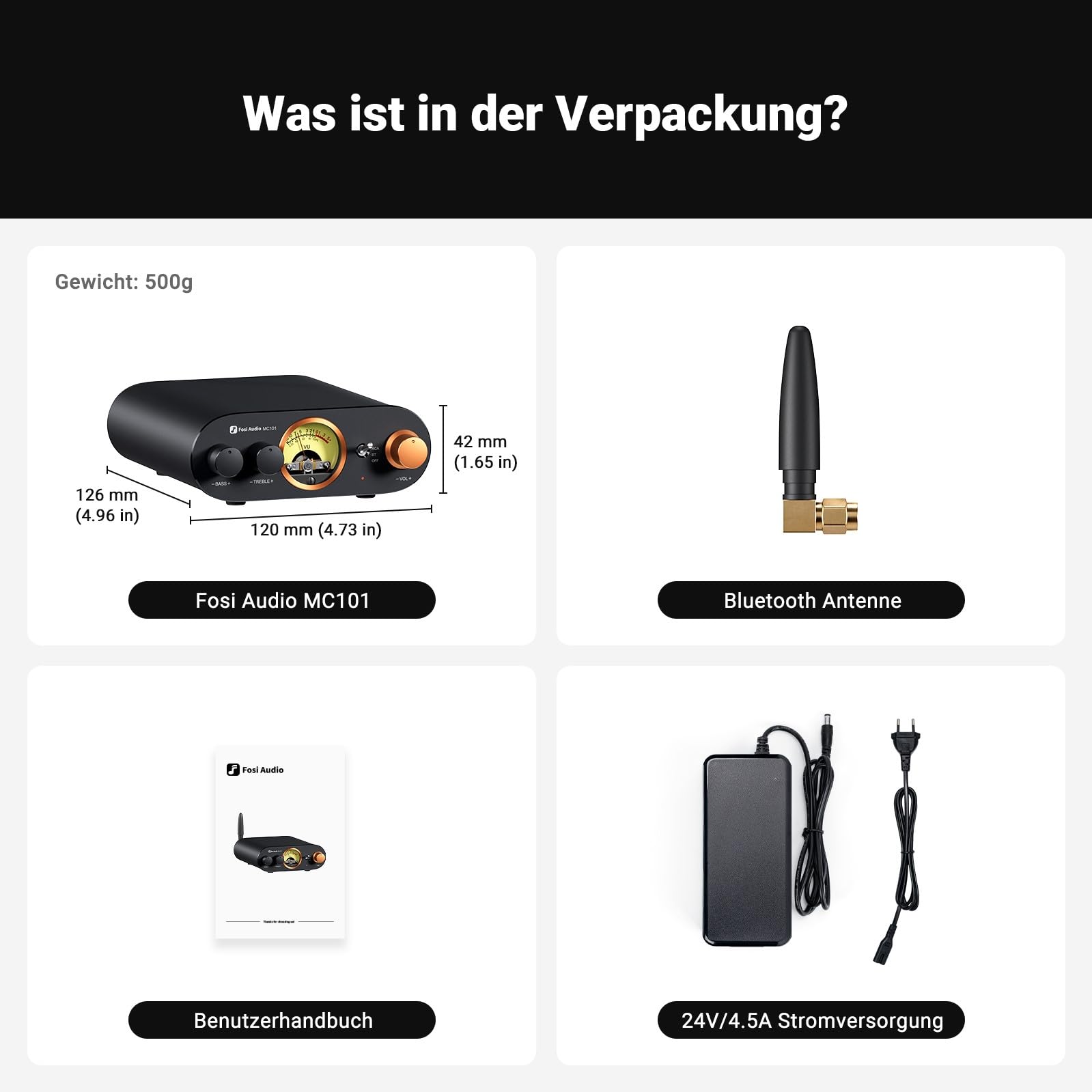Fosi Audio MC101 Bluetooth 5.3 Hi-Fi Verstärker mit VU Meter, 100W x 2 Stereo Verstärker 2 Kanal mit TPA3116 Amp Chip, Bass und Treble Control, Class D Verstärker für Heimlautsprecher