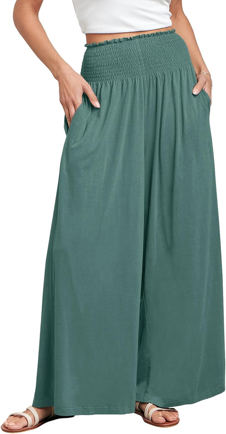 ANRABESS Women Palazzo Pants Summer Boho Bagyy Wide Leg High Smocked Waist Casual Loose Lounge Pant with Pocket