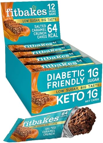 Fit bakes Salted Caramel Mini Bars, Keto 1 Net Carb, Low Sugar, 12x19g | Diabetic Chocolate Bar, Low Carb Keto Snack, 64 Calorie, Low Calorie Biscuit Crunch Cakes, No Added Sugar, Fitbakes
