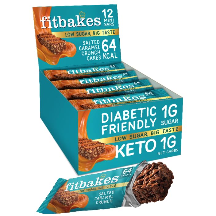 Fit Bakes 64 Calories Salted Caramel Bars, Diabetic Chocolate Keto Snack, 1 Net Carb Low Sugar Chocolate Crunch Cakes (12x19g) Biscuits Diabetic Sweets & Treats, Low Calorie Snack, Fitbakes