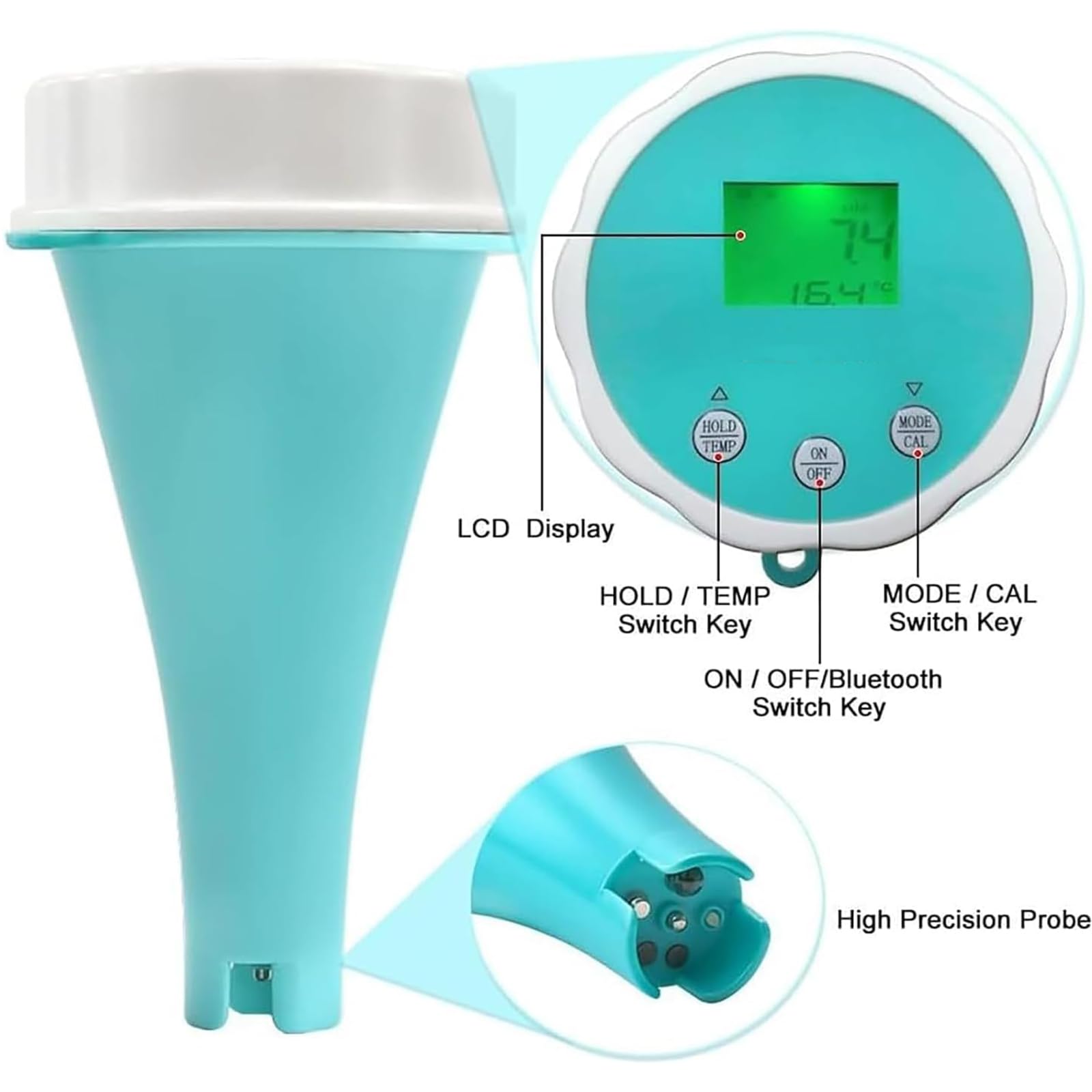 Medidor De Agua Para Piscinas Zayuzo Con Bluetooth, 6 En 1, Resistente Al Agua Ip67, Con Medidor De Ph, Cloro, Ec, Tds-orp Y Temperatura Para Piscinas, Jacuzzis Y Spas De Natación.