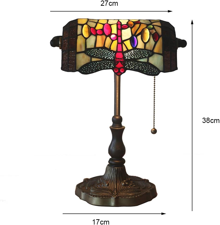 Tiffany Style Bankers Lamp, 10 Inches Vintage Stained Glass Shade Banker Desk Lamp for Bedroom, Beside,Office, Zinc Alloy Base,Pull Cord Switch,Dragonfly