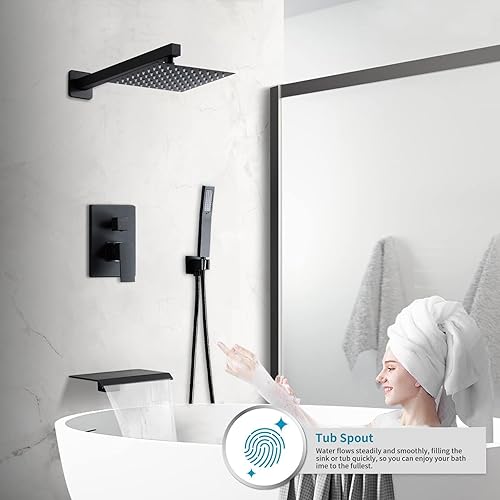 Miniatura 4 de Matte Black Shower Faucet Set with Tub Spout 10 Inch, Shower Head and Handle with 2 Hooks, Tub and Shower Faucet Combo, Rain Shower and Handheld