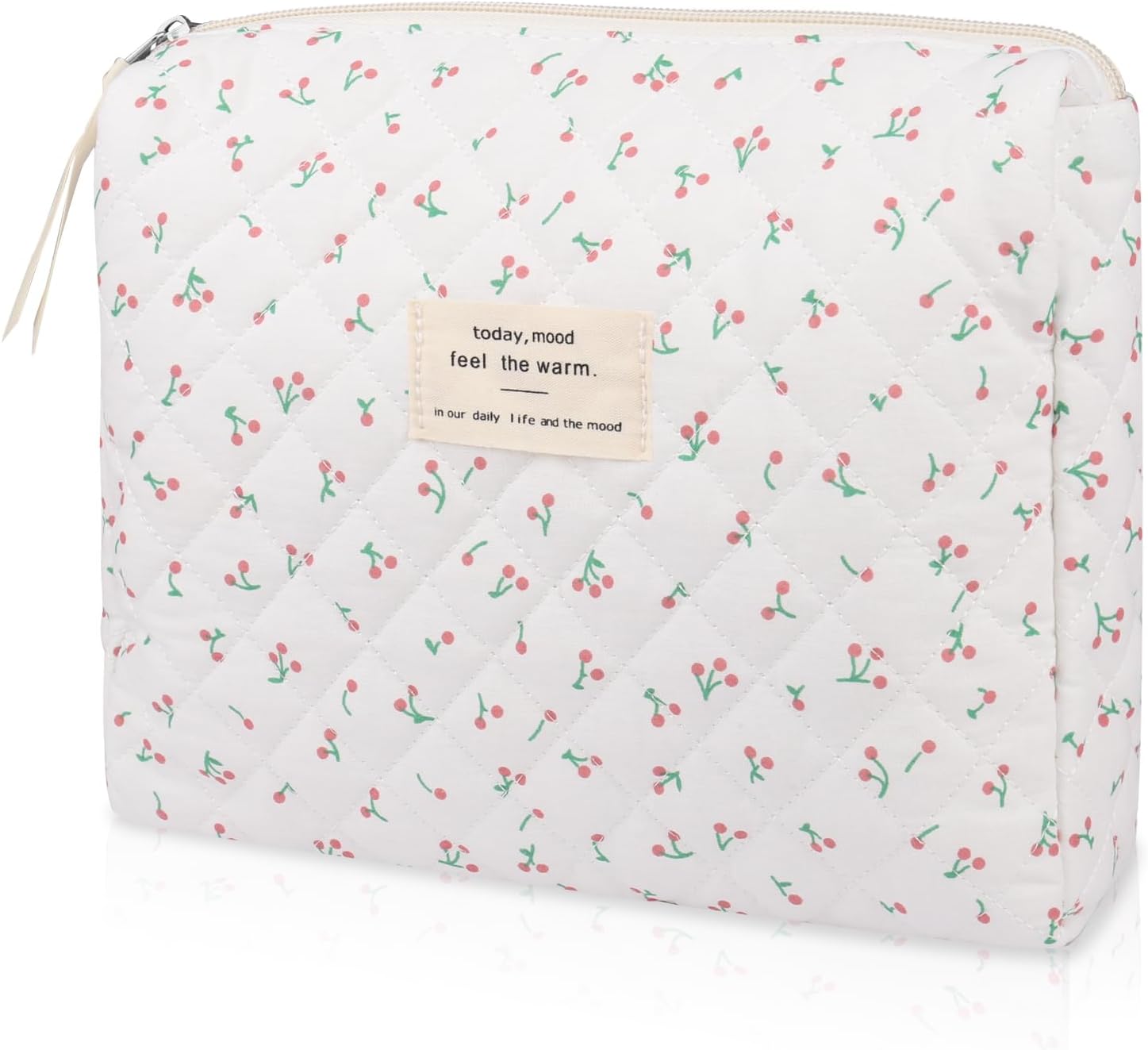 Floral Makeup Bag, Small Cosmetic Bag for Women Girls, Cute Cotton Makeup Bag, Quilted Makeup Bags, Flower Travel Toiletry Organizer Bag, White Cherry, Cute
