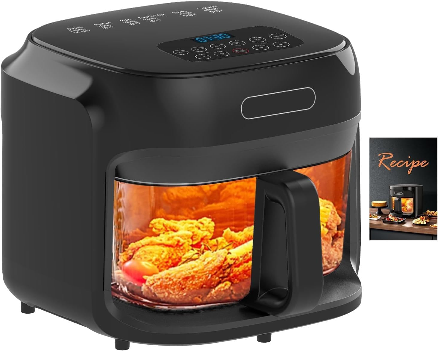 Glass Air Fryer 7 5QT with Transparent Fry Bowl Circulating Heating Temperature Control Air Fryer Roast Dishwasher Safe