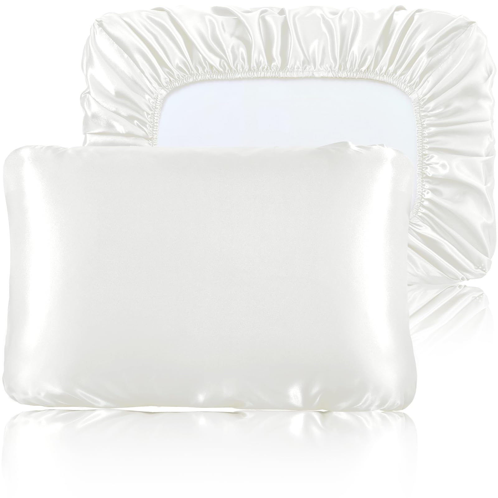 SiinvdaBZXIvory White Satin Pillowcase Standard/Queen Size Set of 2, Silky Travel Elastic Band Satin Pillow Case for Hair and Skin, Soft Portable & Fit for Various Pillow