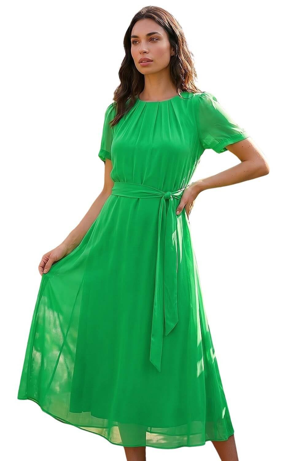 Roman Women's Green Pleat Chiffon Belted Midi Dress In Size 16
