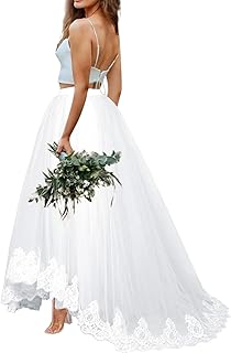 Women Wedding Long Maxi Lace Trim Puffy Tulle Skirt Floor Length with Long Train A Line High Waisted Overskirt for Prom Party