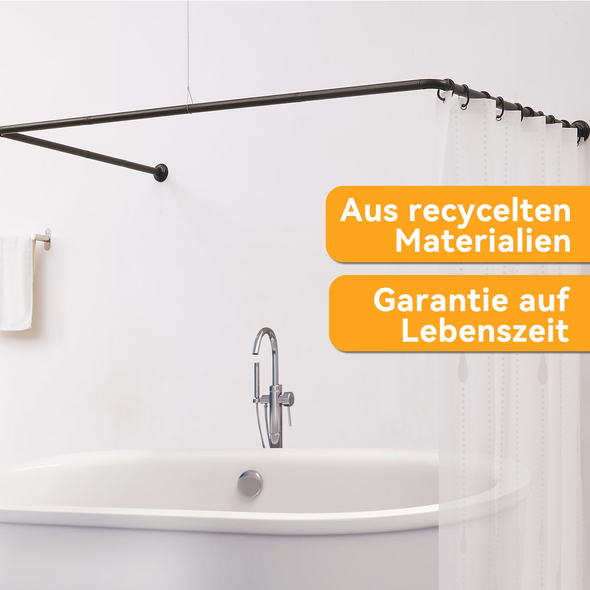 Duschvorhangstange U Form Duschstange 88x176x88 cm | Eckduschstange aus Stahl, Matt Schwarz | Inkl. Deckenstütze & 12 Haken | Montageset